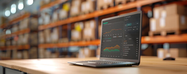 Analyzing business data on a laptop in a warehouse environment for strategic decision making
