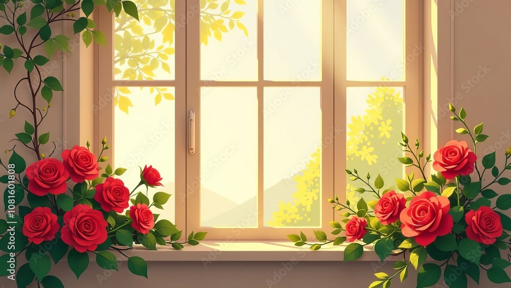 Poster a window with a view of a tree and a bunch of red roses