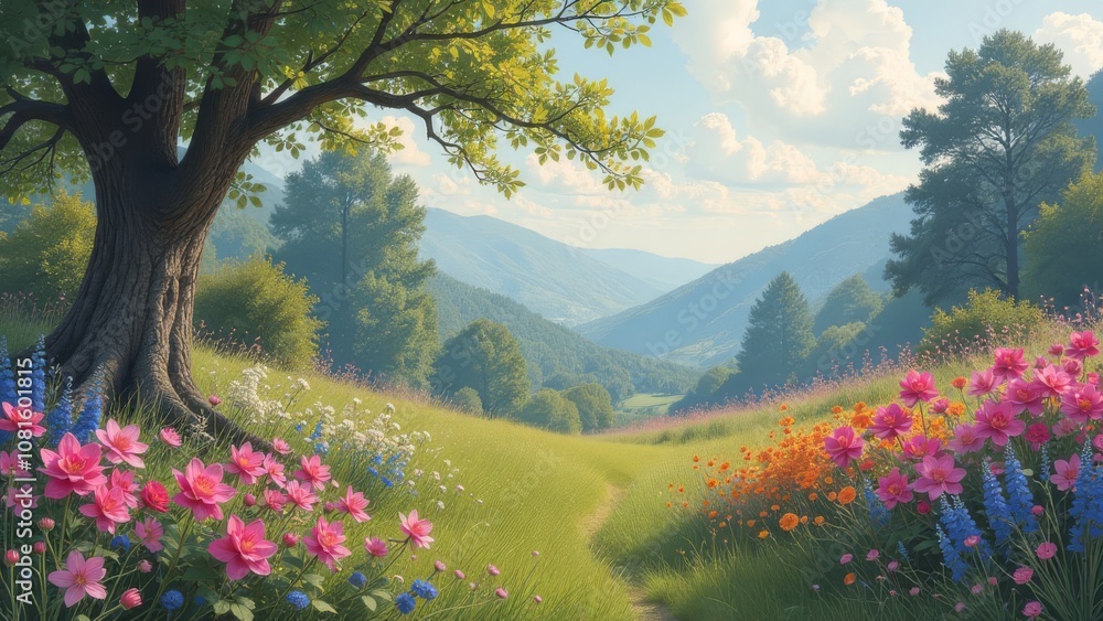 Poster a beautiful landscape with a path leading to a tree