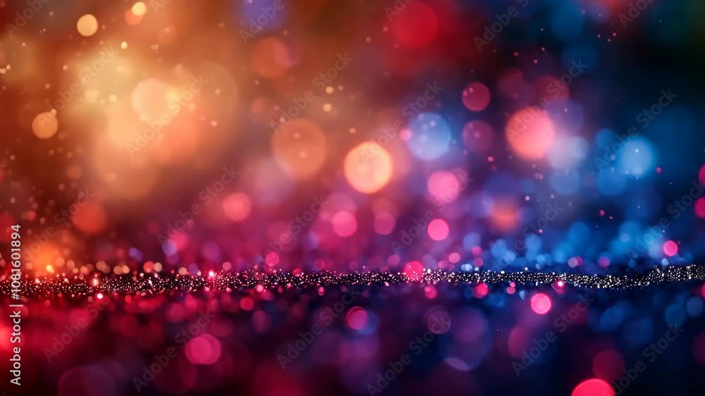 Poster Bokeh lights background blending red and blue hues with glittery and out-of-focus light particles creating a vibrant and festive atmosphere.