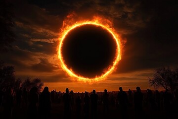 Spectacular Annular Solar Eclipse at Sunset Silhouetted Crowd Views Mystical Ring of Fire Across North American Sky in April 2025