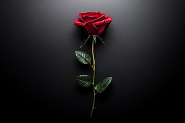 Single red rose on a black background, emphasizing its vibrant color and perfect form