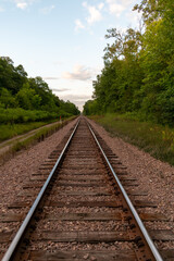 Obraz premium A beautiful view of train tracks off to the horizon surrounded by greenery.