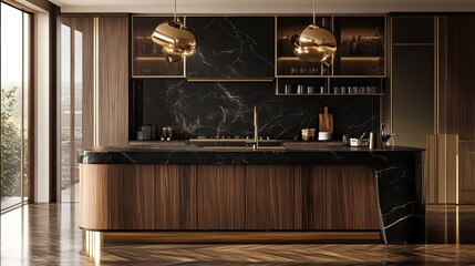 Luxury kitchen with elegant dark marble counters, gold hardware, wood cabinetry, spacious and refined, 