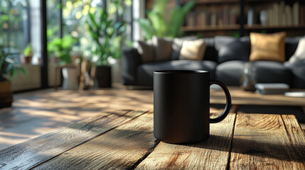 Fototapeta premium A black mug sits on a rustic wooden table in a living room setting. Sunlight streams through the window, casting a warm glow on the scene.
