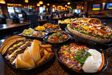 Fototapeta premium Table filled with dishes in a bustling restaurant, showing a variety of colorful and flavorful foods