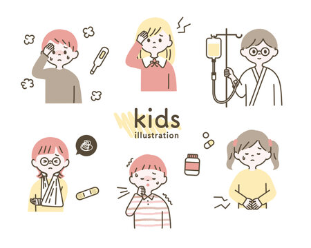 怪我や病気をした子どもたちのイラストセット