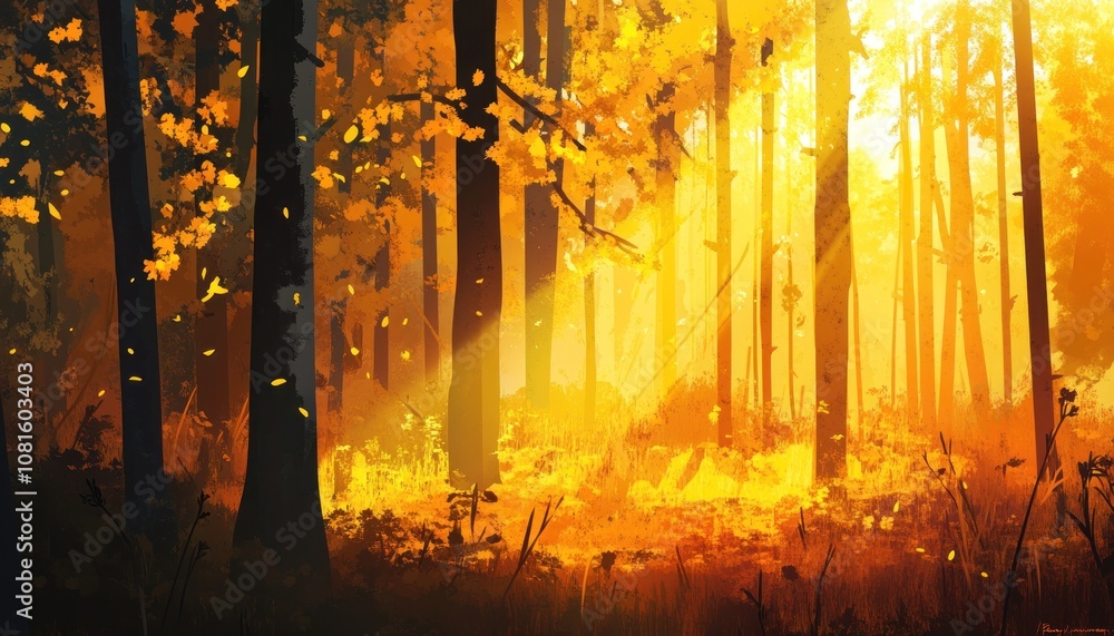 Wall mural Golden sunlight filters through the leaves of a dense autumn forest, casting a warm glow on the forest floor.