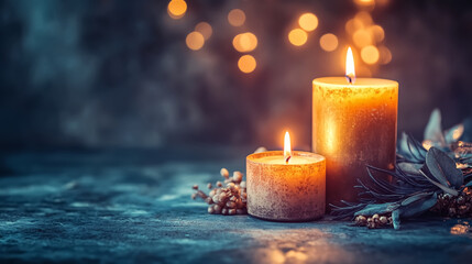 A burning candle in a dark setting with warm light around