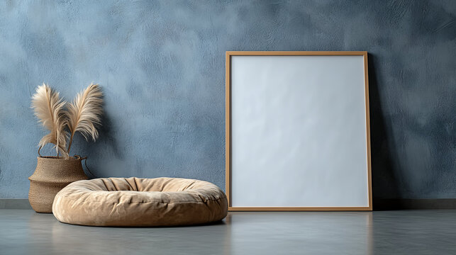 empty pet bed with white blank frame photo, pet memories