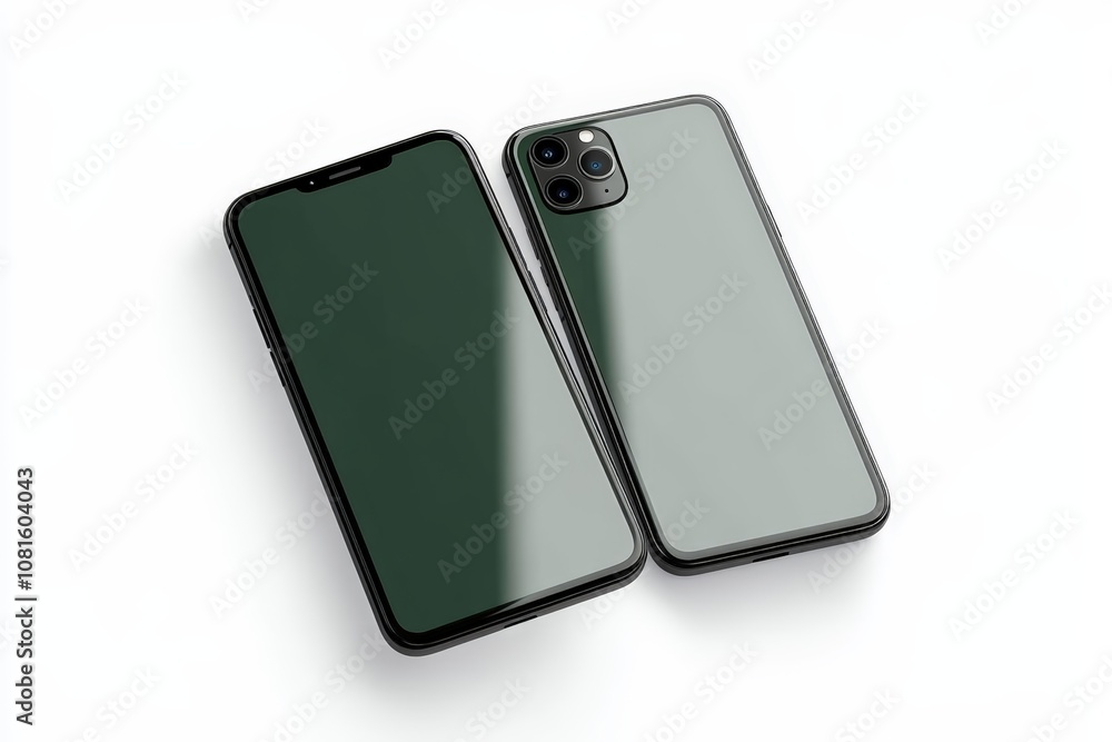 Poster realistic 3d rendering of two modern smartphones with green accents floating on white background