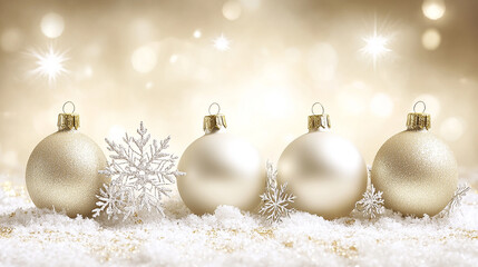 Four shiny, white Christmas ornaments with silver snowflakes on a bed of white snow with a blurred background of gold bokeh lights.