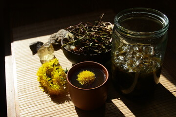 Dandelion honey jam, fresh and dried flowers in a beautiful aesthetic composition on the table.