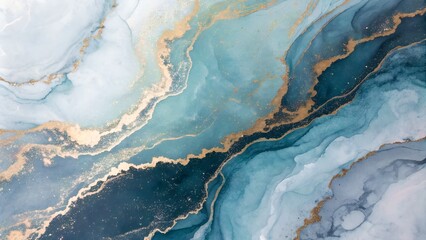 Captivating fluid artwork showcasing delicate swirls in tranquil blues and whites, enriched with subtle gold accents, creating a soothing abstract design ideal for backgrounds.