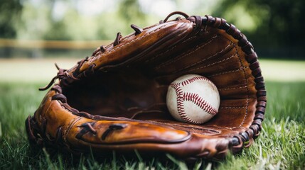 A baseball glove with well-oiled leather and baseball inside, outdoor setting on a sunny day, Rustic style