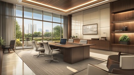 Corporate workspace with clean desks, laptops, modern chairs, and a large glass window view 