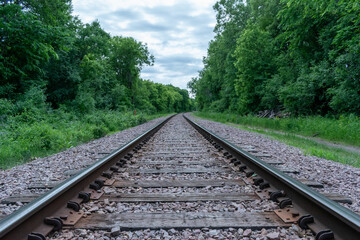 Fototapeta premium A beautiful view of train tracks off to the horizon surrounded by greenery.