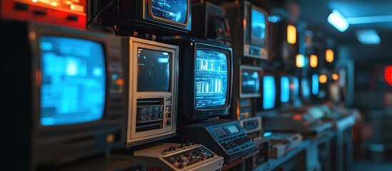 A wall of vintage televisions with blue screens and glowing lights.