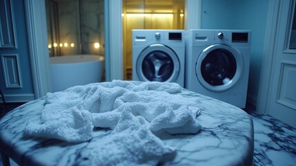 White towel on marble table in a modern bathroom with two washing machines.