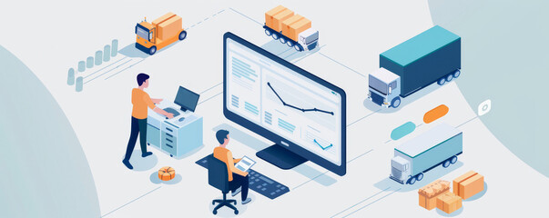 Obraz premium Logistics management system optimization warehouse operations digital illustration business environment aerial view supply chain efficiency