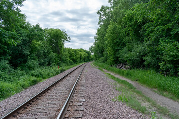 Obraz premium A beautiful view of train tracks off to the horizon surrounded by greenery.