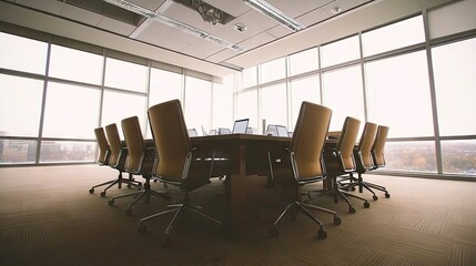 Modern Conference Room with Elegant Chairs and Technology, Overlooking a Cityscape Through Large Windows, Ideal for Business Meetings and Collaborations