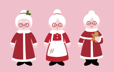 Set of cute Mrs Claus flat vector  illustration.
Christmas santa claus wife cartoon.