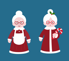 Set of cute Mrs Claus flat vector  illustration.
Christmas santa claus wife cartoon.