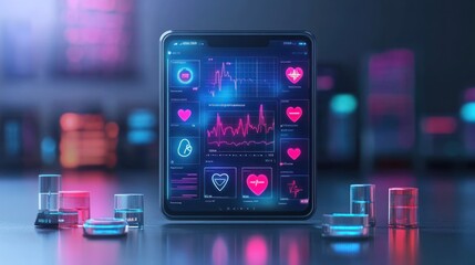 A tablet displaying a digital health interface with heart rate, pulse, and other vital sign data.