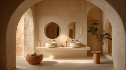 Elegant and Minimalist Bathroom Interior Design Featuring Curved Shapes, Natural Light, and Earthy Tones for a Tranquil and Modern Atmosphere