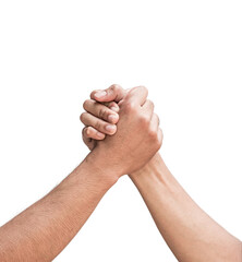 Two people shaking hands confidently, isolated on white background.