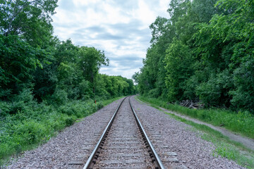 Obraz premium A beautiful view of train tracks off to the horizon surrounded by greenery.