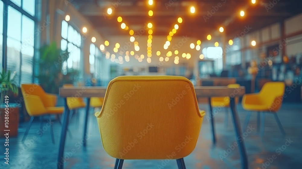 Poster yellow chair in a modern cafe with large windows and string lights.