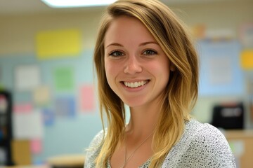 A photograph of an attractive female teacher smiling at the camera, standing in front of her classroom with a whiteboard and colorful walls.
