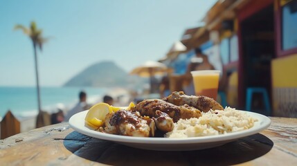 Delicious grilled chicken served with rice by the beach on a sunny day.