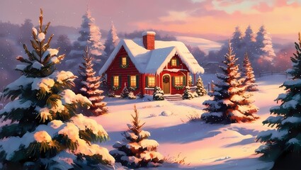 Wooden cabin nestled in a snowy winter forest