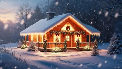 A rustic wooden cabin nestled in a snowy winter landscape © Jirayu