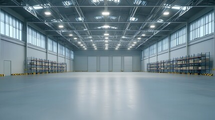 Spacious Industrial Warehouse with High Ceilings and Lights
