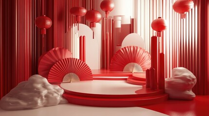 Contemporary Chinese-Inspired Abstract Stage Design with Red Lanterns, Elegant Fans, and Geometric Shapes for Cultural Theme Display or Festival Setting