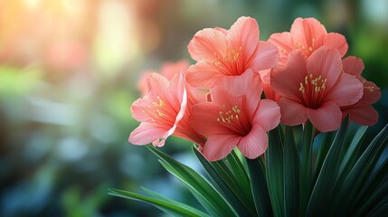 A cluster of vibrant pink flowers with lush green leaves.