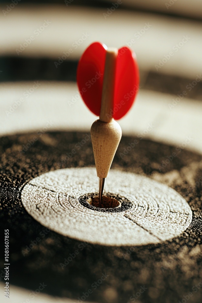 Poster a close-up of a dartboard with a dart successfully hitting the bullseye, showcasing precision and fo