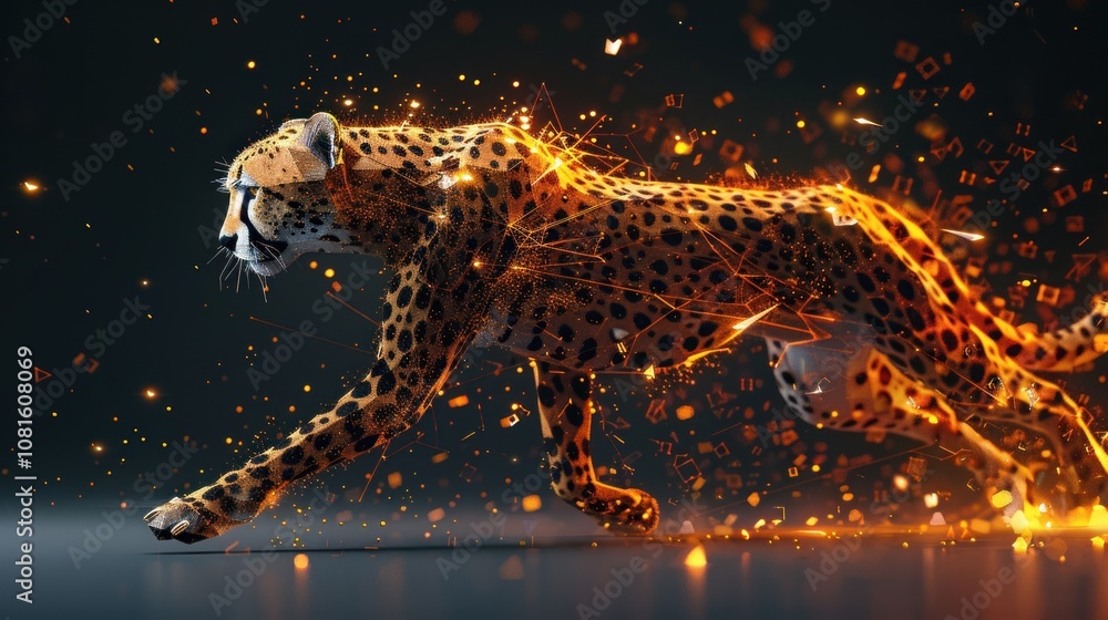 Poster a cheetah running with a fiery trail of digital particles, symbolizing speed and technological advan