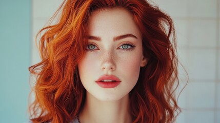Fototapeta premium Beautiful and attractive woman with ruby red hairstyle