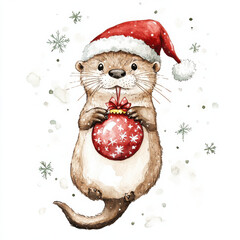 Cute otter wearing Santa hat, holding red Christmas ornament, surrounded by snowflakes. Perfect for holiday themes and festive decorations