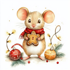 Cute mouse holding gingerbread cookie, surrounded by Christmas ornaments and lights, evoking festive and joyful atmosphere