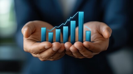 Hands Holding Digital Bar Graph Indicators Representing Business Growth and Financial Success in a Professional Environment