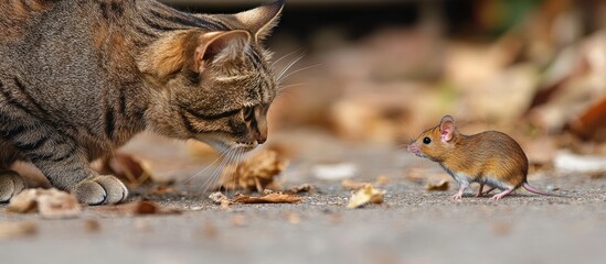 Obraz premium Tabby cat looking intently at a small brown mouse on the ground.