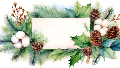 Delicate watercolor Christmas card design with fir branches, pine cones, and holly for festive occasions. Generative AI