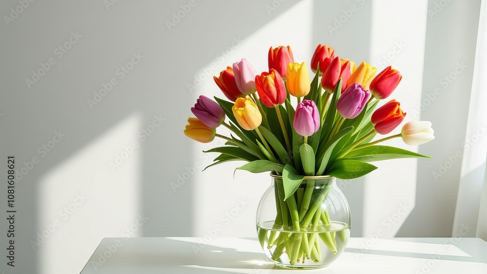 Poster a vase of tulips sits on a table in a room with a window