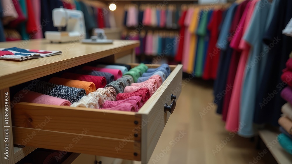 Poster a drawer full of colorful threads and a sewing machine